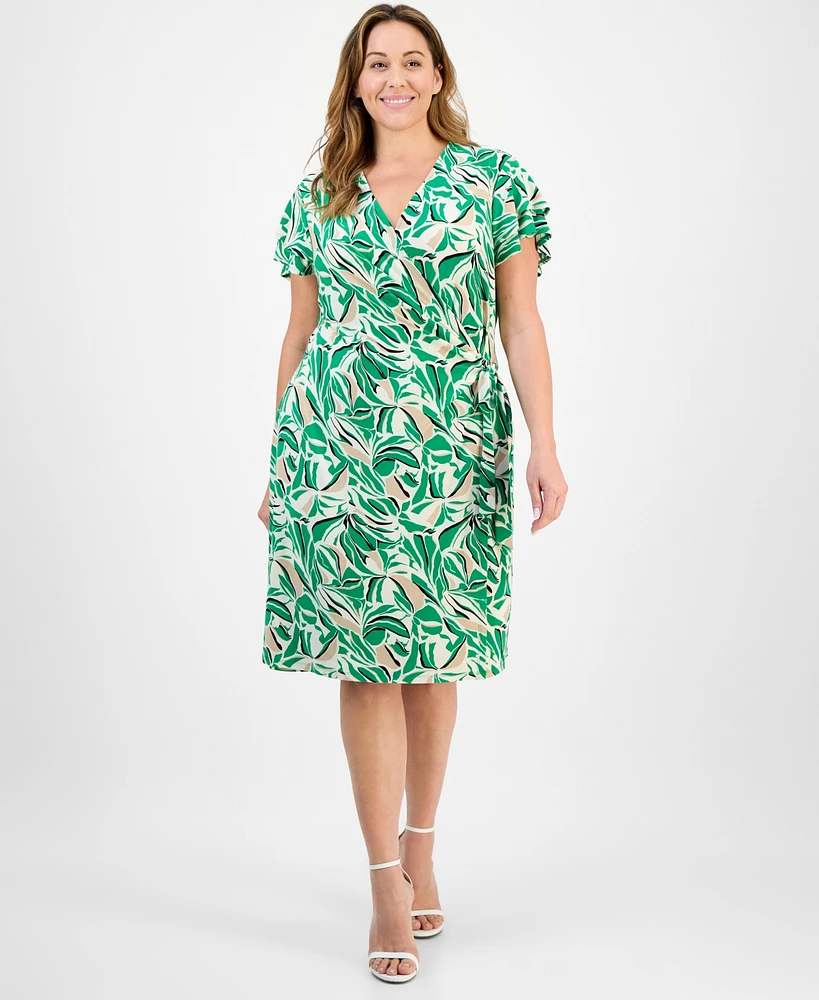 Anne Klein Plus Flutter-Sleeve Classic Faux-Wrap Dress