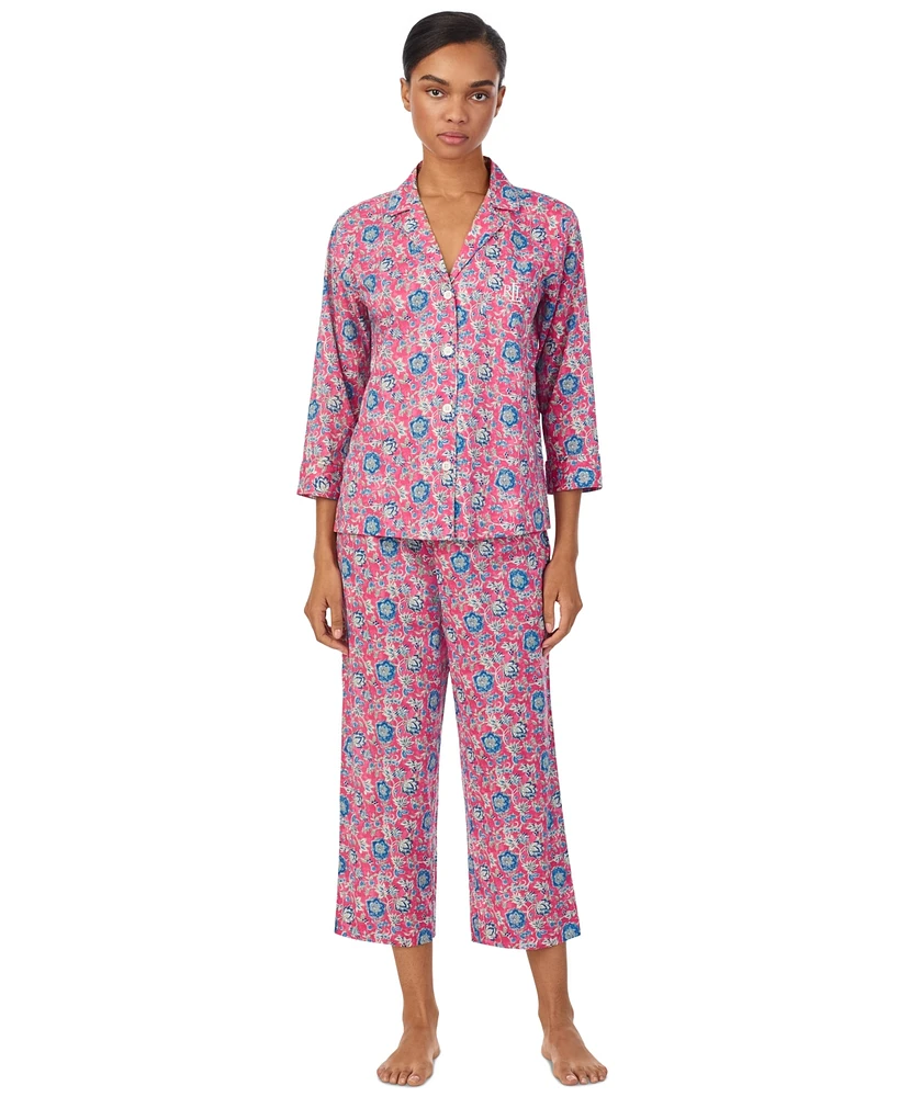 Lauren Ralph Women's 3/4-Sleeve Cropped Pajama Set