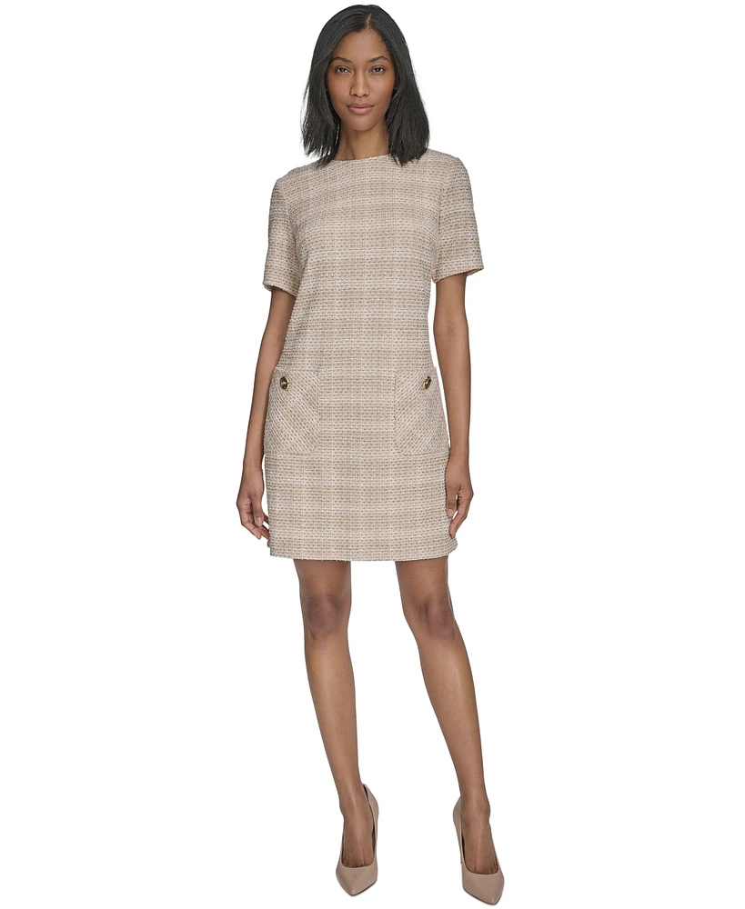 Halston Women's Patch-Pocket Short-Sleeve Tweed Shift Dress