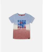 Deux par Baby Boys Short Sleeve Cotton Graphic Tee Gradient Pale Blue And Dark Old Rose