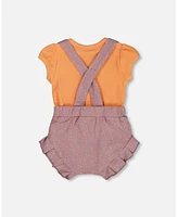 Deux par Baby Girls Printed Cotton Onesie And Shortall Set Orange Purple