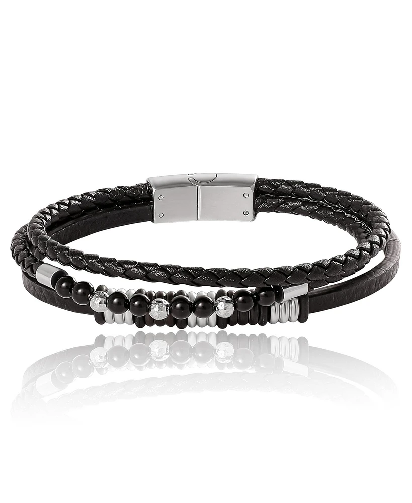 Lucky Brand Stainless Steel Triple Row Black Cord Bracelet - 8.25"