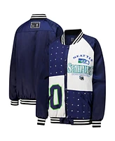 Gameday Couture Women's College Navy/White Seattle Seahawks Oversized Hot Shot Rhinestone Throwback Full-Snap Varsity Bomber Jacket