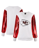 Cuce Women's White Kansas City Chiefs Sequin Sleeve V-Neck Pullover Sweatshirt