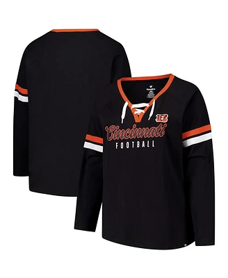 Fanatics Women's Black Cincinnati Bengals Plus Won Done Lace-Up V-Neck Long Sleeve T-Shirt