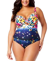 Anne Cole Plus Floral-Print Draped-Front Underwire One-Piece Swimsuit