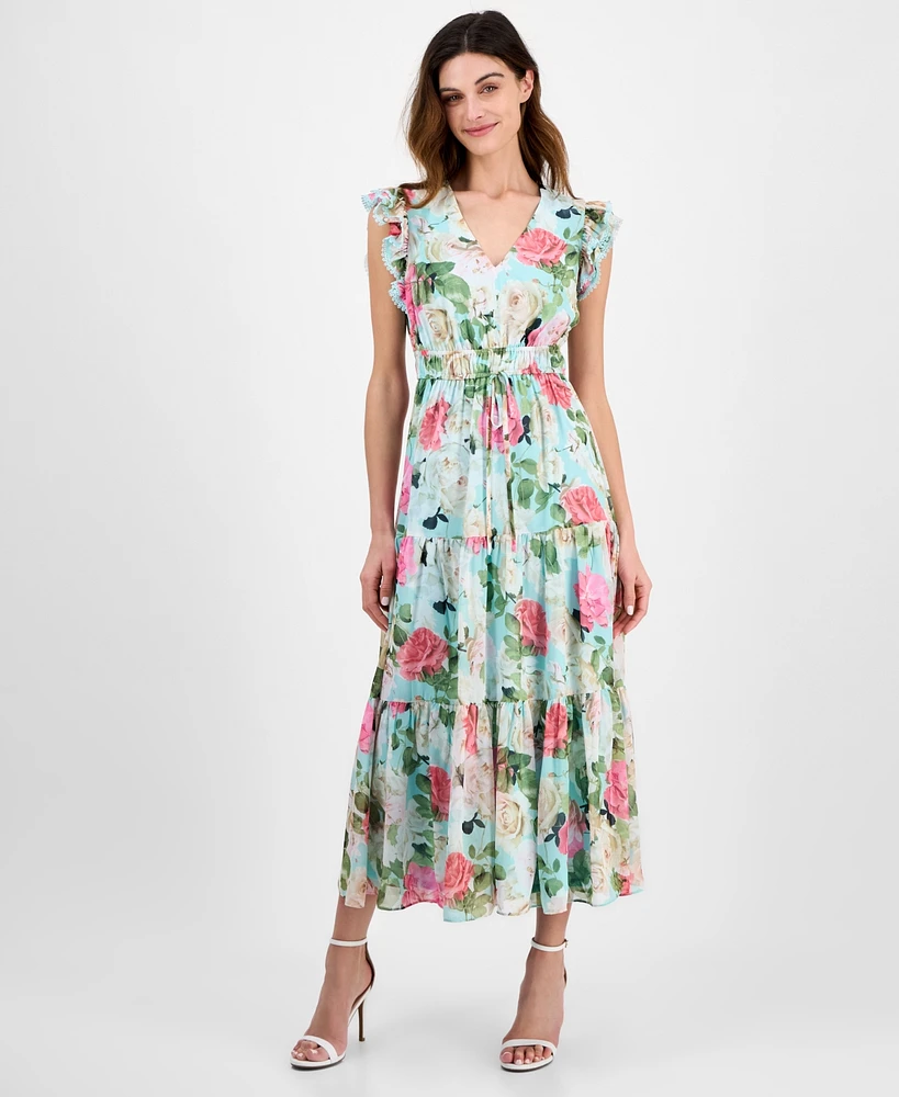 Anne Klein Women's V-Neck Ruffle-Trim Drawstring Midi Dress