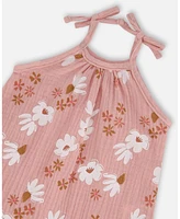 Deux par Baby Girls Printed Muslin Tie Strap Jumpsuit Pink And White Flowers