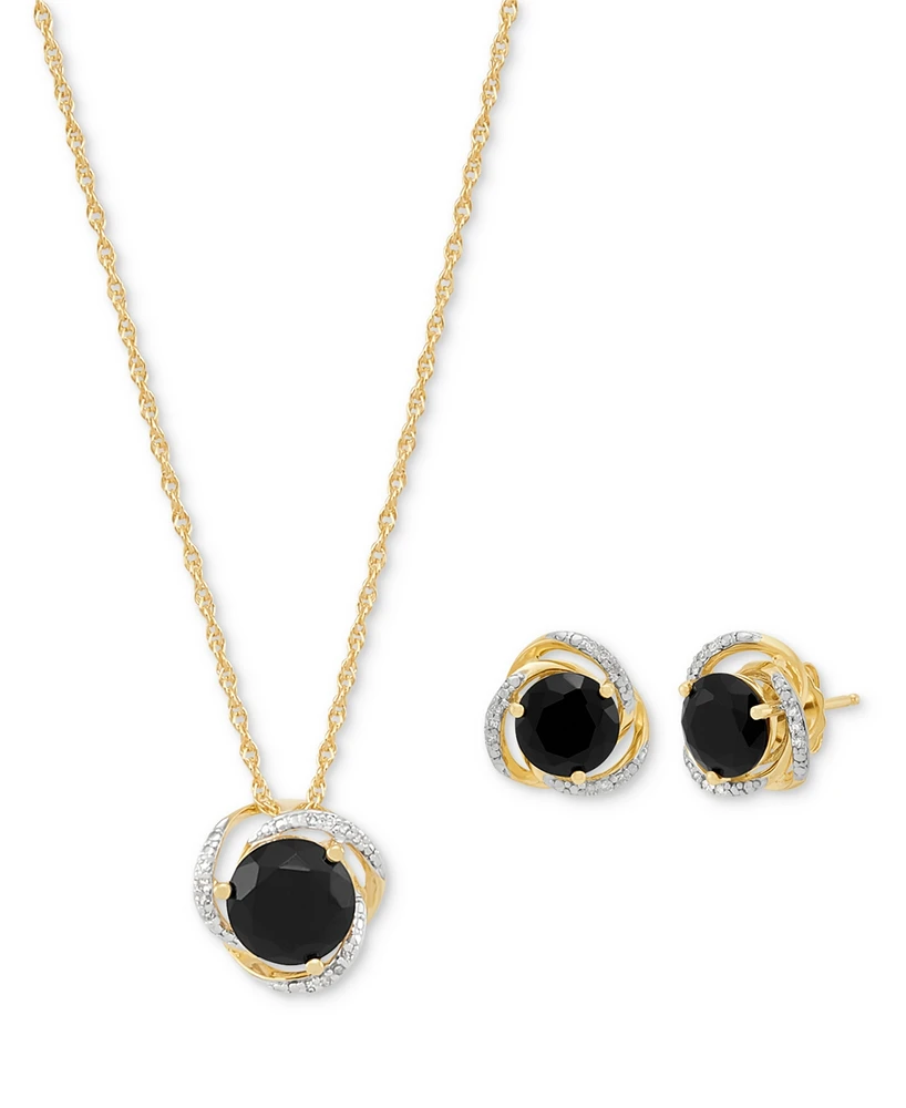 Macy's Onyx (3-7/8 ct. t.w.) & Diamond (1/10 ct. t.w.) Stud Earrings & Pendant Necklace in 14k Gold Over Sterling Silver, 16" + 2" extender