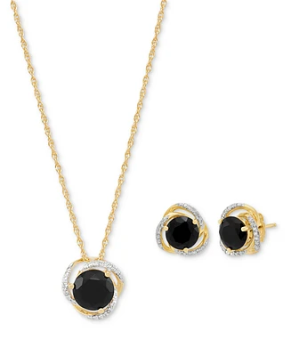 Macy's Onyx (3-7/8 ct. t.w.) & Diamond (1/10 ct. t.w.) Stud Earrings & Pendant Necklace in 14k Gold Over Sterling Silver, 16" + 2" extender