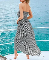 Women's Black Gingham Sleeveless Midi Beach Dress