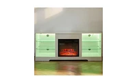 Tv Stand with Electric Fireplace and Glass Shelves for Stylish Storage and Cozy Ambiance