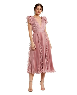 Women's Pleated Chiffon V Neck Ruffle Midi Dress