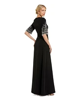 Mac Duggal Women's Crepe A Line Gown With Beaded 3/4 Sleeves