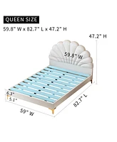 Queen Size Platform Bed Upholstered Platform Bed Frame with Shell Shaped Headboard, Single Double Bed with Wooden Slats Support