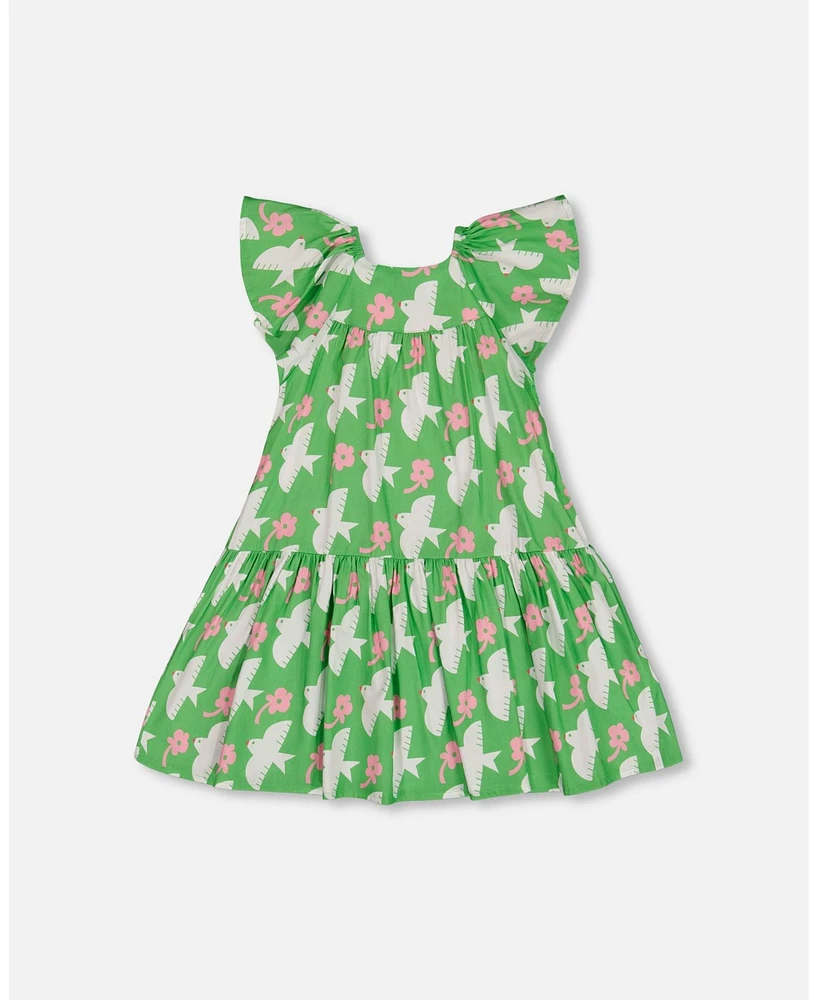 Deux par Toddler Girls Printed Dress With Flounce Sleeves Green White And Pink Bird - Toddler|Child