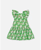 Deux par Toddler Girls Printed Dress With Flounce Sleeves Green White And Pink Bird - Toddler|Child