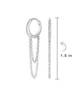 Bling Jewelry Trendy Dainty Cz Hoop Earrings with Pave Accent and Double Chain in Sterling Silver