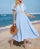 Women's V-Neck Flutter Sleeve Midi Beach Dress