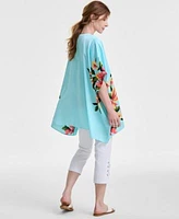 Jm Collection Womens Satin Kimono Floral Print Mixed Media Top Exclusively At Macys