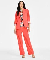 Tahari Asl Womens Two Button Blazer Printed Tie Neck Sleeveless Blouse Straight Leg Pants