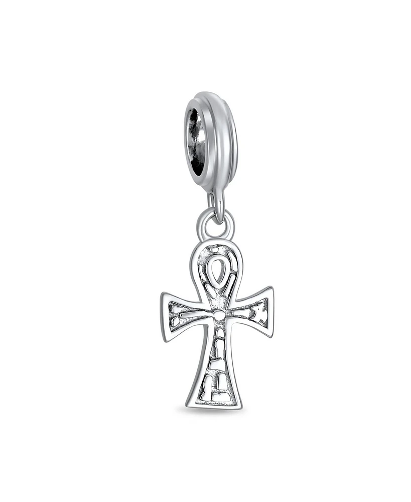 Bling Jewelry Egyptian Ankh Cross Dangle Charm Bead in Oxidized Sterling Silver for Bracelets