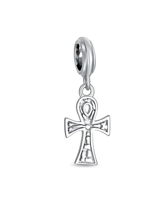 Bling Jewelry Egyptian Ankh Cross Dangle Charm Bead in Oxidized Sterling Silver for Bracelets