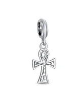 Bling Jewelry Egyptian Ankh Cross Dangle Charm Bead in Oxidized Sterling Silver for Bracelets