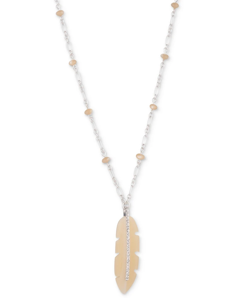 Lauren Ralph Lauren Silver-Tone Cream Bead & Crystal Feather 36" Pendant Necklace