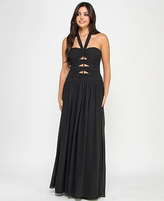 B Darlin Juniors' Cutout Gathered Sleeveless Halter Gown, Created for Macy's