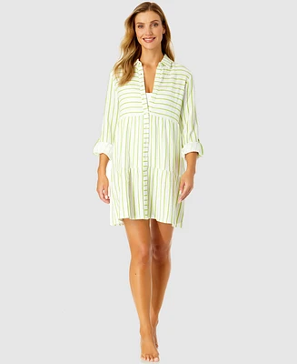 Ibiza Anne Cole Women's Button Front Quarter Sleeve Cover-Up Tiered Tunic Dress