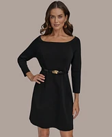 Donna Karan New York Women's Solid Belted Boat-Neck 3/4-Sleeve Dress