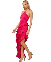 Adrianna by Papell Women's Halter-Neck Ruffled Satin High-Low Gown