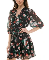 Trixxi Juniors' Floral Print Blouson-Sleeve Fit & Flare Dress