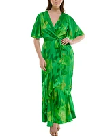 Taylor Plus Flutter-Sleeve Faux-Wrap Maxi Dress