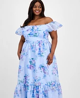 B Darlin Trendy Plus Off-The-Shoulder Floral-Print Gown