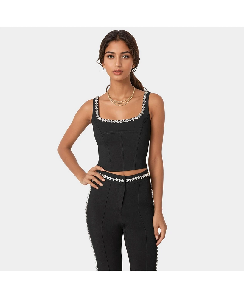 Bebe Women's Rhinestone Detail Woven Twill Corset