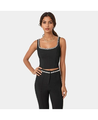 Bebe Women's Rhinestone Detail Woven Twill Corset