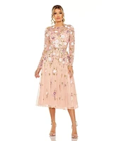 Mac Duggal Women's Sequined Floral Long Sleeve High Neck Midi Dress