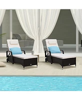 2PCS Patio Rattan Lounge Chair Chaise Adjustable Recliner Cushioned Sofa Garden