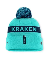 Fanatics Women's Light Blue/Navy Seattle Kraken Authentic Pro Rink Cuffed Knit Hat with Pom