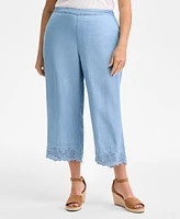 Style & Co Plus Embroidered-Hem Chambray Pull-On Pants, Exclusively at Macy's