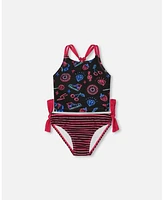 Girl Printed Two-Piece Swimsuit Black And Blue Pink Items - Toddler|Child