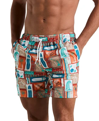 Original Penguin Men's Slim Fit Surf Print Drawstring 7" Swim Trunks