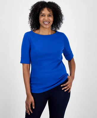 Style & Co Petite Cotton Elbow-Sleeve Boat-Neck Top, Created for Macy's