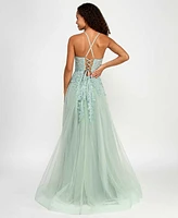 Say Yes Juniors' Embroidered Applique Side-Slit Ball Gown, Created for Macy's