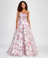 City Studios Juniors' Pleated Strapless Floral-Print Gown, Created for Macy's