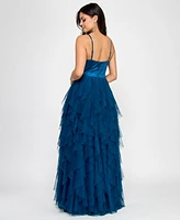 City Studios Juniors' Sweetheart-Neck Ruffled Cascade Gown