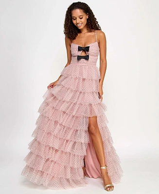 City Studios Juniors' Ruffled Side-Slit Bow-Trim Ball Gown