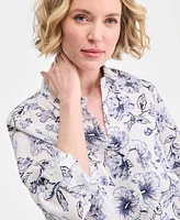 Charter Club Women's Linen Floral-Print Roll-Tab Shirt, Exclusively at Macy's